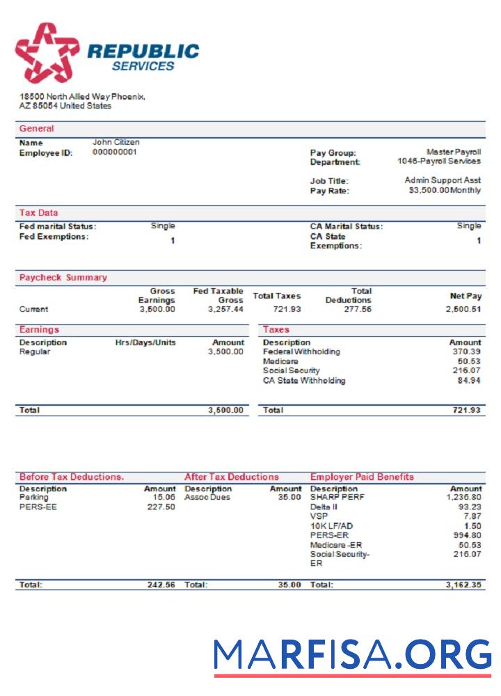 Realistic USA Republic Services waste management company pay stub sample